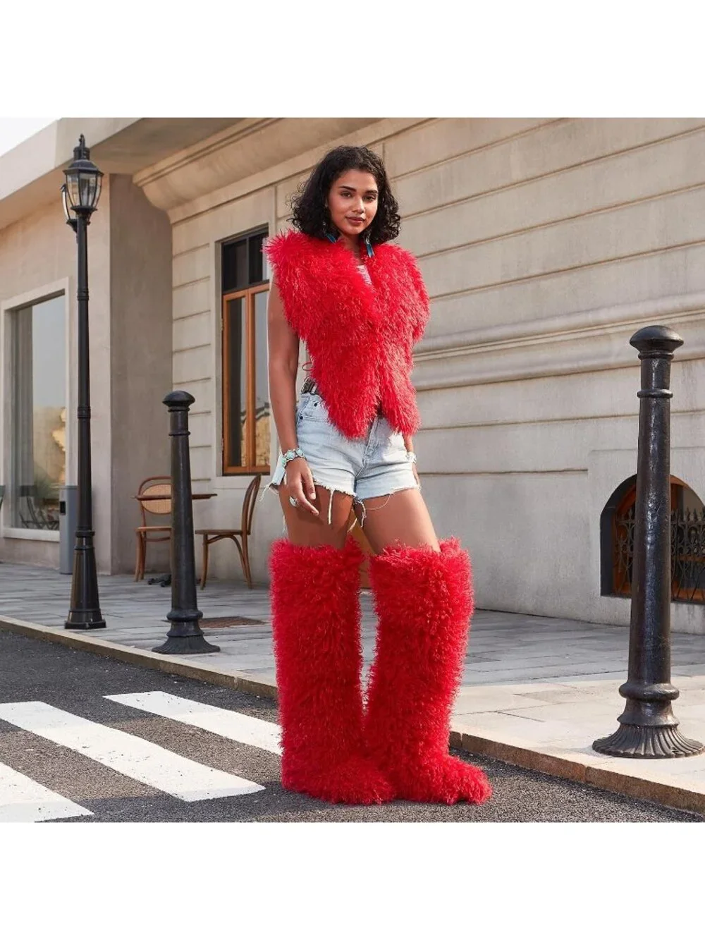 Women's Hot Red Shaggy Faux Furry Fuzzy Fluffy Flat Knee-High Slouchy Snow Boot